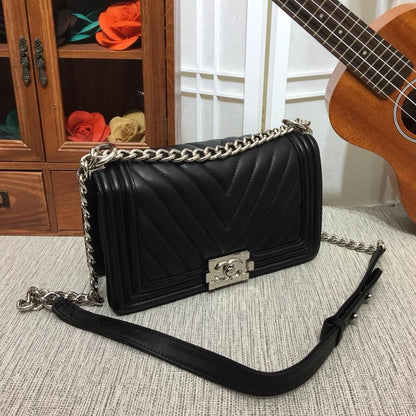CC 25cm Boy Handbag Calfskin Silver Tone Metal Black